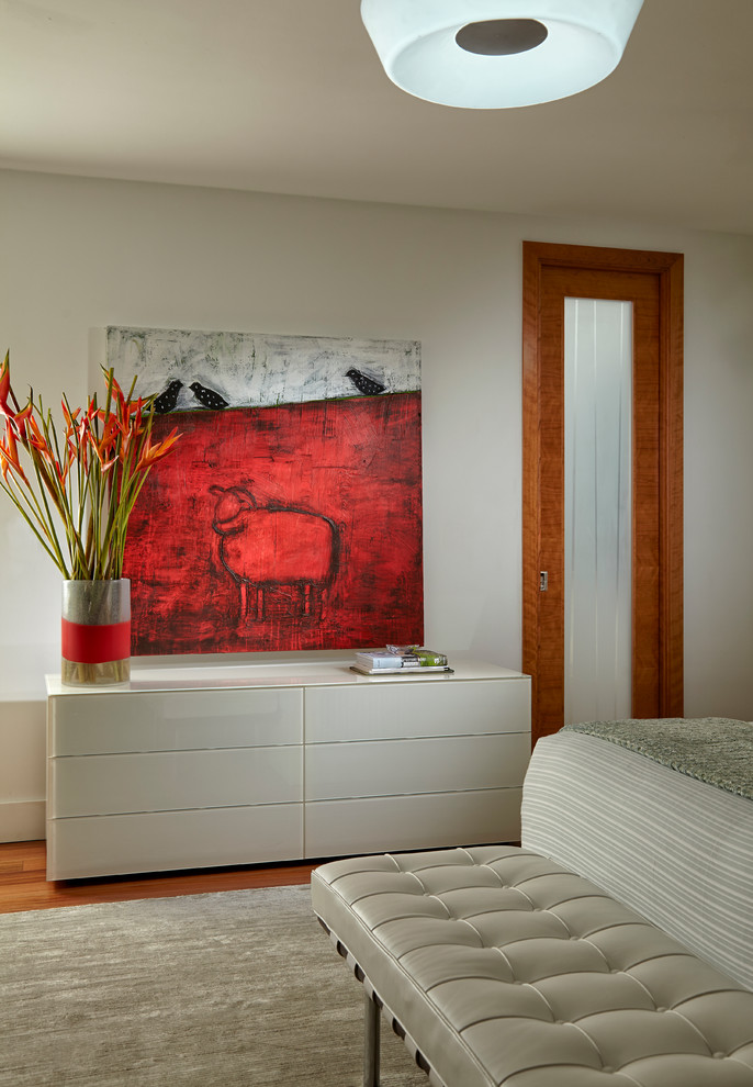 Family room - large contemporary enclosed light wood floor family room idea in Miami with a music area, white walls, no fireplace, a wood fireplace surround and a wall-mounted tv