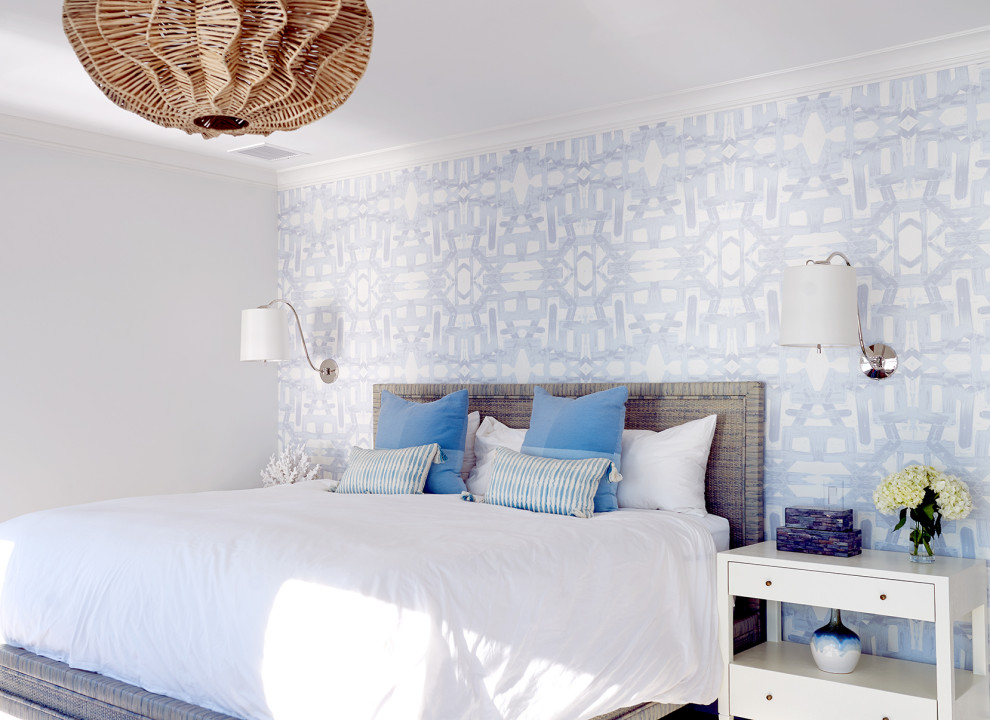 Design ideas for a beach style bedroom in New York with multi-coloured walls.