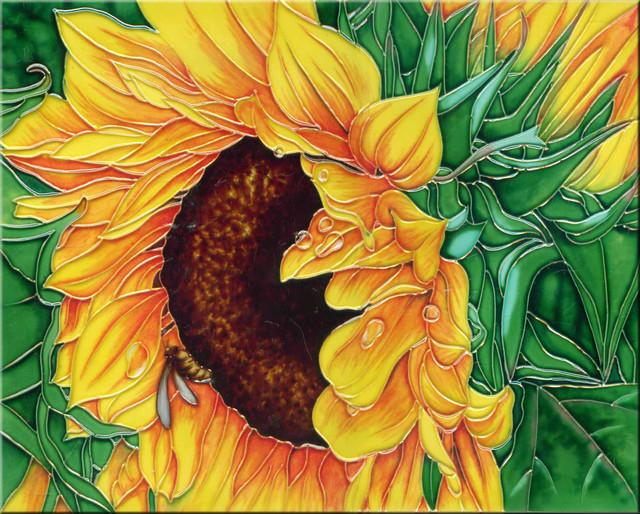 Sunflower With Green Leaves Tile Farmhouse Wall And Floor Sunflower With Green Leaves Tile Farmhouse Wall And Floor By Continental Art Center Inc