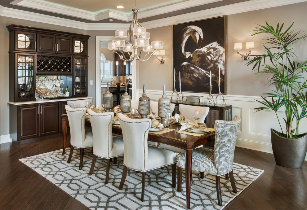 Inspiration for a transitional separate dining room in Philadelphia with grey walls, dark hardwood floors and no fireplace.