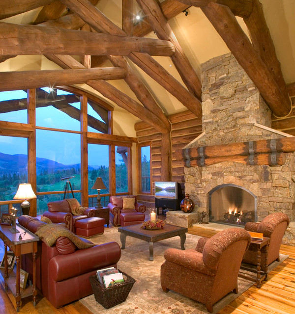 Hybrid Log House On Golf Course Traditional Living Room