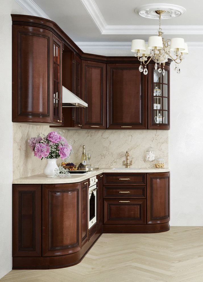 Photo of a small traditional l-shaped separate kitchen in Moscow with an undermount sink, glass-front cabinets, brown cabinets, quartz benchtops, beige splashback, white appliances, medium hardwood floors, no island, beige floor and beige benchtop.
