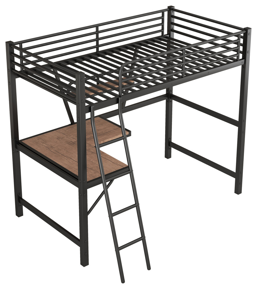 Gewnee Twin Size Loft Metal&MDF Bed with Desk and Shelf in Black