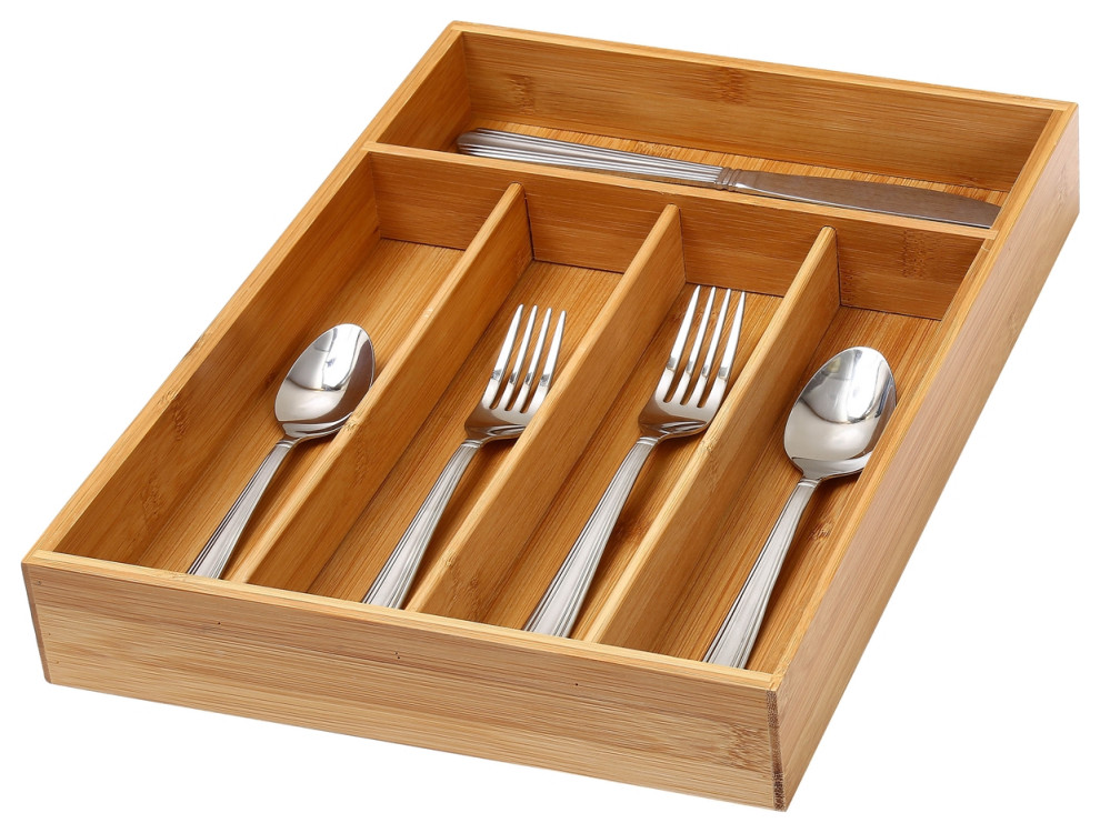 YBM HOME Bamboo Cutlery and Knives Tool Tray, 5 Compartment Fixed