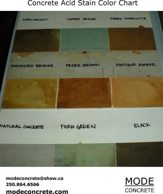 Concrete Acid Stain Color Chart - created by MODE CONCRETE in the Okanagan, BC,