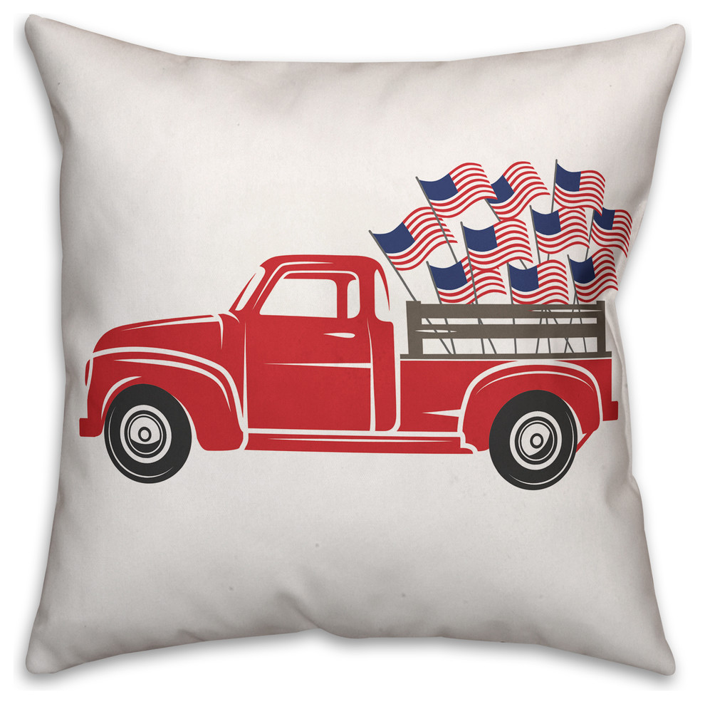 Vintage Patriotic Flag Truck Indoor Outdoor Pillow 18 X18