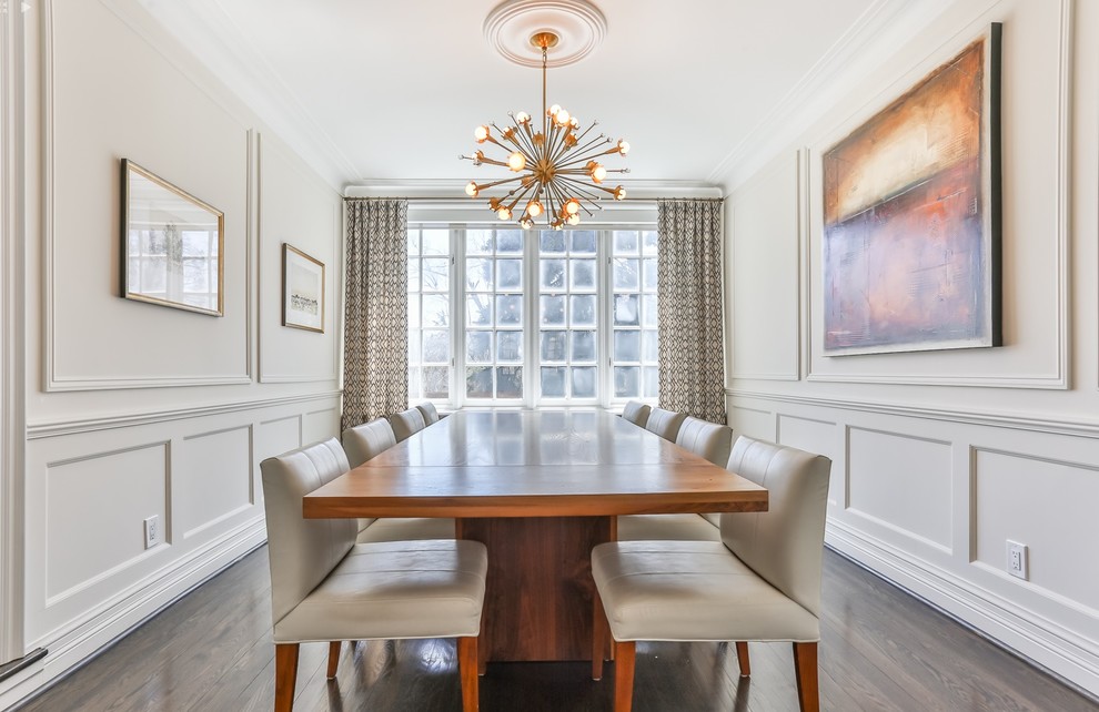 Inspiration for a mid-sized transitional separate dining room in Toronto with white walls and dark hardwood floors.