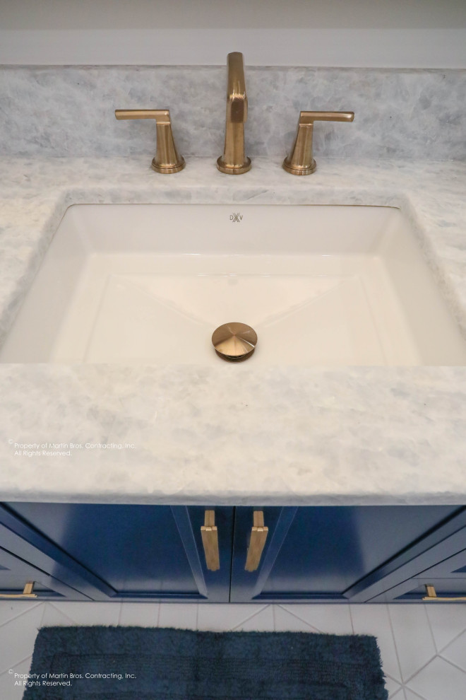 Mid-sized transitional master porcelain tile, white floor and single-sink walk-in shower photo with recessed-panel cabinets, blue cabinets, a two-piece toilet, white walls, an undermount sink, quartzite countertops, a hinged shower door, a niche and a built-in vanity