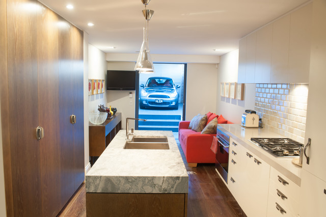 Galley Kitchen rear view-  showing vergola covered car port contemporary-kitchen