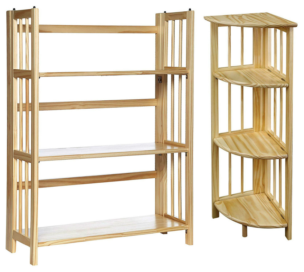 4Shelf Corner Folding With 3Shelf Folding Stackable Bookcase, Natural