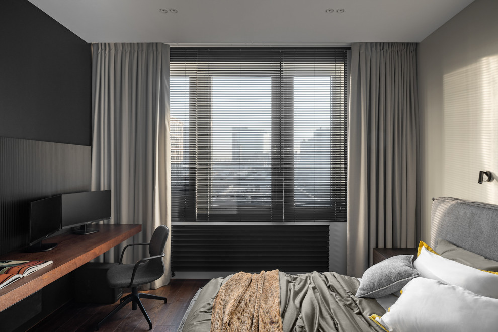 Photo of a mid-sized contemporary master bedroom in Moscow with black walls, dark hardwood floors and panelled walls.