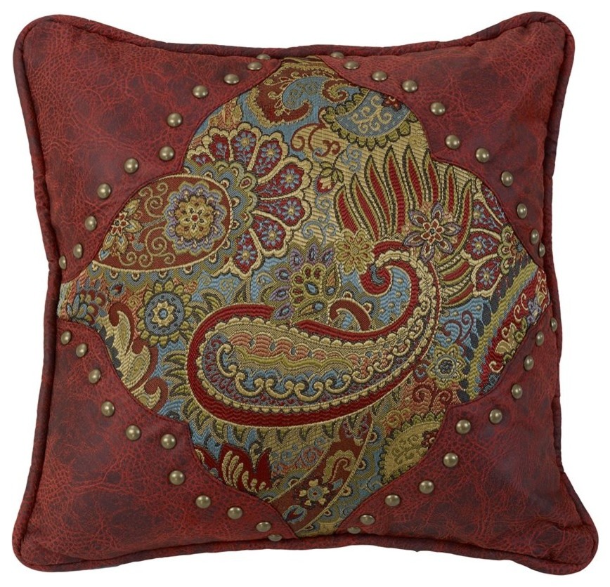 Paisley Print Pillow With Red Faux Leather, 18"x18"
