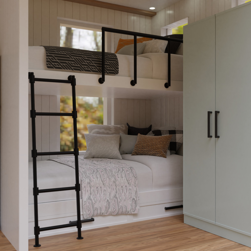 Kleines Modernes Wohnzimmer im Loft-Stil mit Laminat, braunem Boden, Holzdecke und Holzwänden in Sonstige