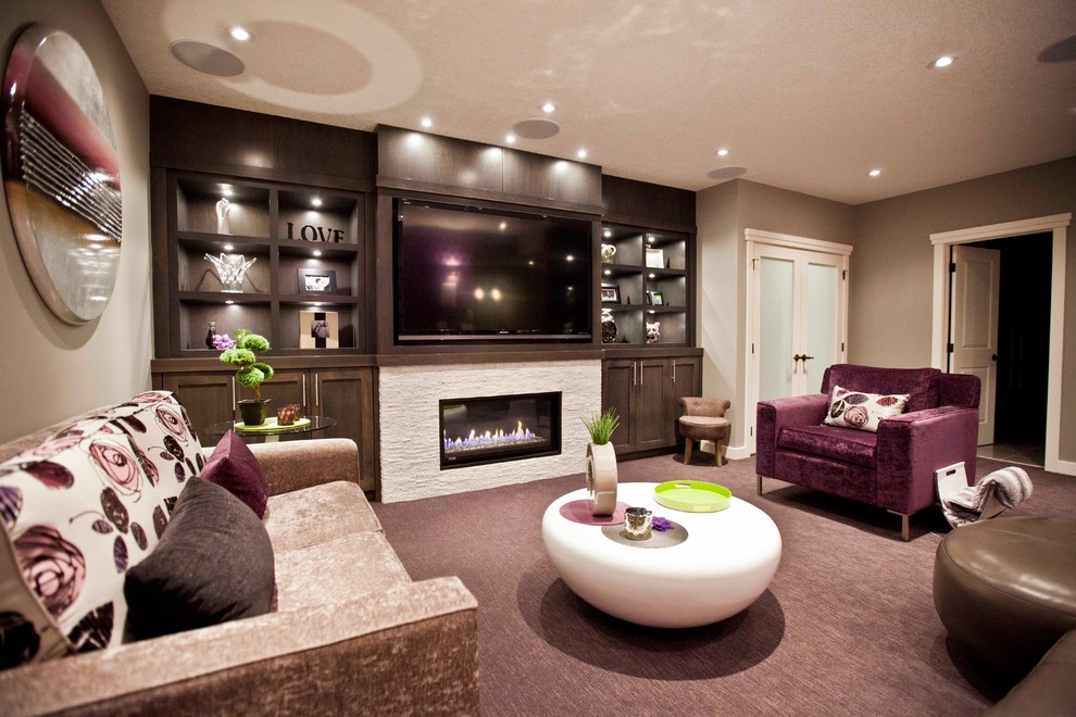 Photo of a transitional basement in Calgary with purple floor.