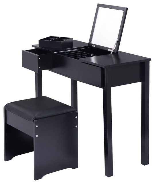 Modern Style Makeup Dressing Table Set Vanity With Cell Storage Box Black