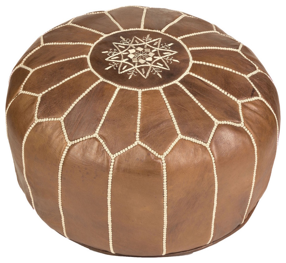 Natural Brown Stuffed Moroccan Leather Pouf Mediterranean Floor