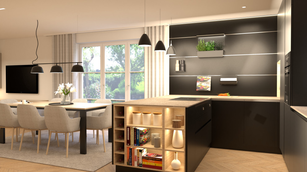 Inspiration for a mid-sized scandinavian u-shaped open plan kitchen in Munich with flat-panel cabinets, black cabinets, black appliances, medium hardwood floors, a peninsula and grey benchtop.