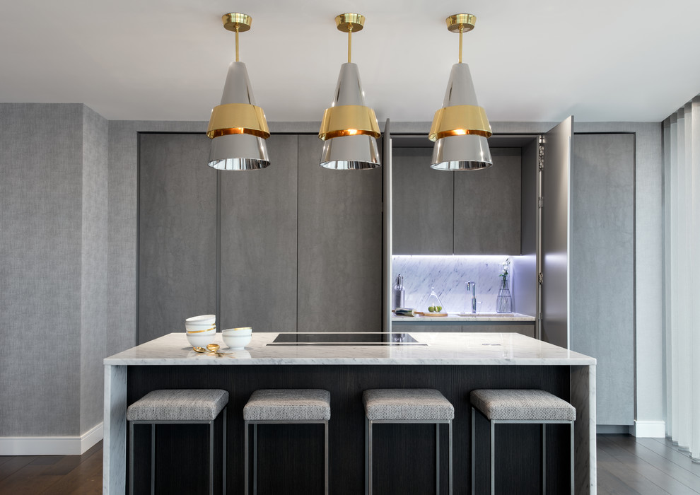 Inspiration for a contemporary single-wall kitchen in London with an undermount sink, flat-panel cabinets, grey cabinets, black appliances, dark hardwood floors and with island.