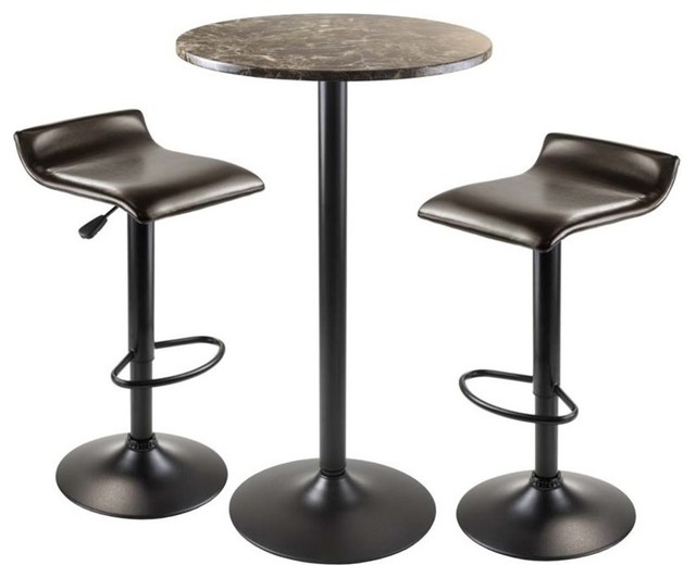 Pemberly Row 3 Piece Round Faux Marble Top Pub Set in Black