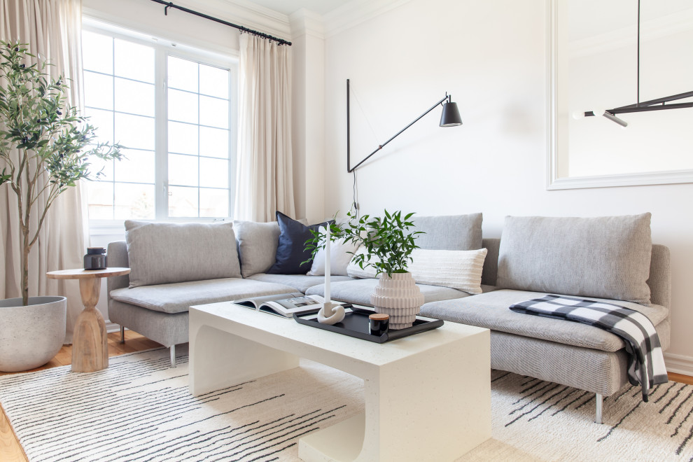 Diseño de sala de estar abierta minimalista pequeña con paredes blancas, suelo de madera clara, chimenea de doble cara, marco de chimenea de yeso y suelo marrón