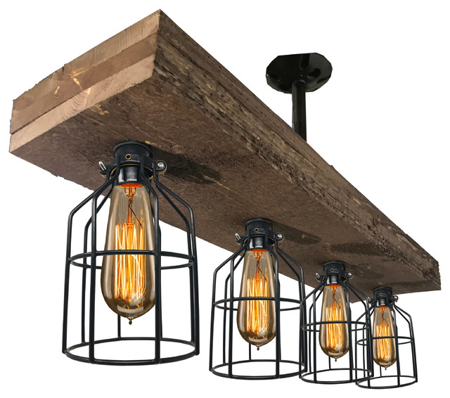 Farmhouse Style Wooden Light With Metal Cages, 4-Light - Industrial ...