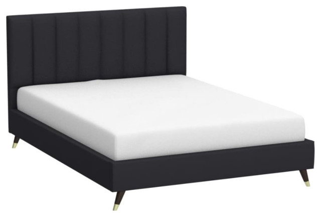 Mid Century Queen Platform Bed, Channel Tufted Polyester Headboard, Charcoal