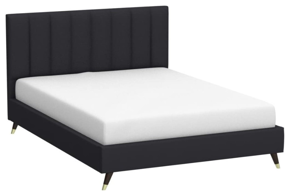 Mid Century Queen Platform Bed, Channel Tufted Polyester Headboard, Charcoal