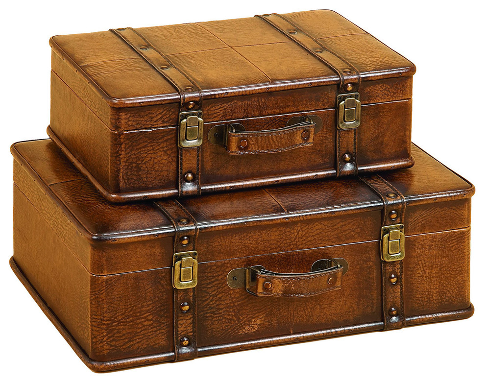 Leather Decorative Trunk Cases and Storage Accent Decor 2-Piece Set - Tan