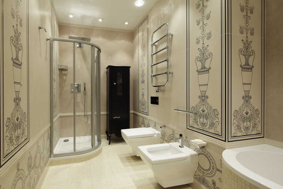This is an example of a mid-sized transitional master bathroom in Moscow with black cabinets, an alcove tub, a corner shower, a wall-mount toilet, black and white tile, porcelain tile, marble floors and marble benchtops.