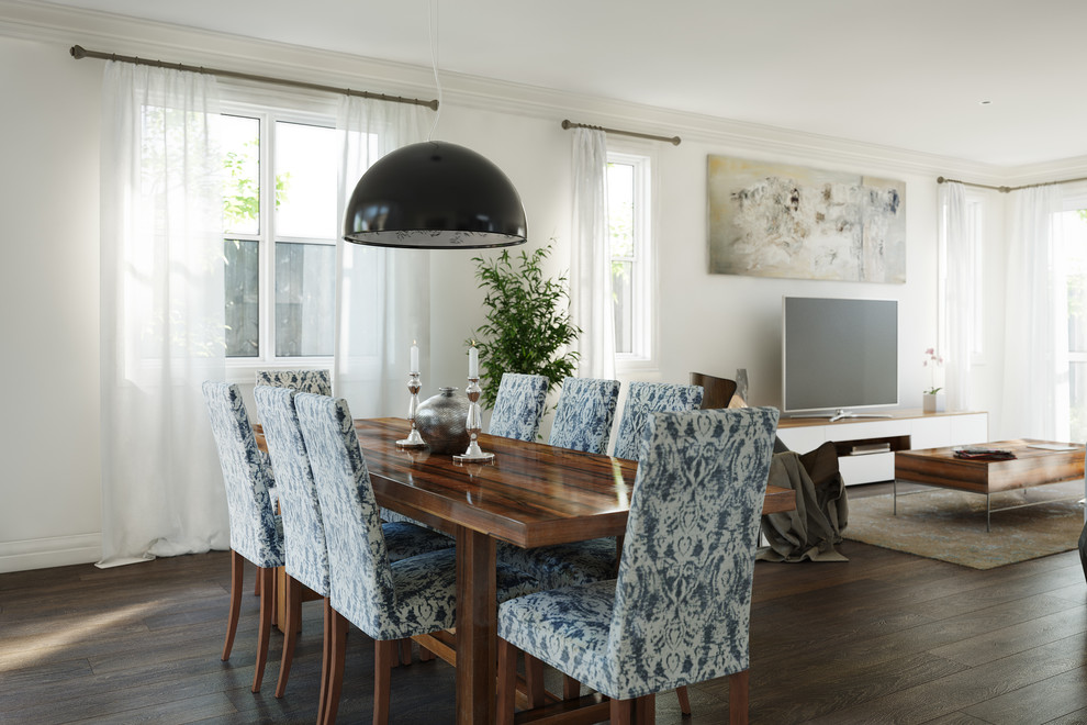 Design ideas for a large traditional separate dining room in Melbourne with white walls and medium hardwood floors.