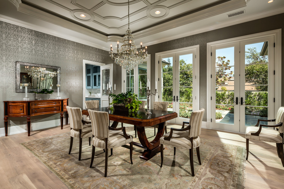 Design ideas for a traditional separate dining room in Los Angeles with grey walls and light hardwood floors.