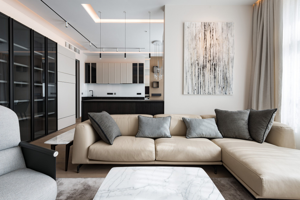 Idee per un soggiorno minimal di medie dimensioni e aperto con camino lineare Ribbon, pavimento beige e soffitto ribassato