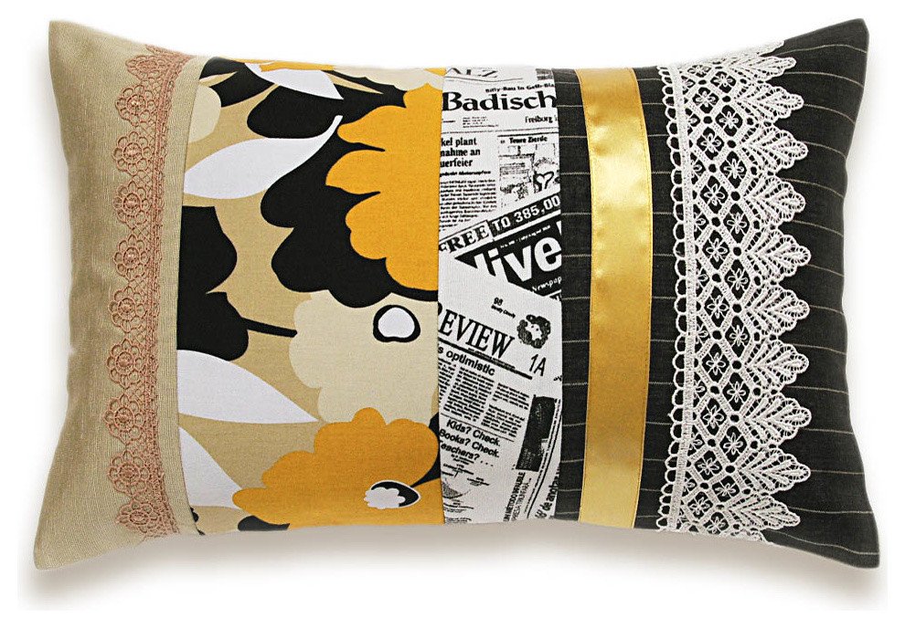 One-of-a-kind Black White Beige Yellow Lumbar Pillow Case 12 x 18 in IRMA DESIGN