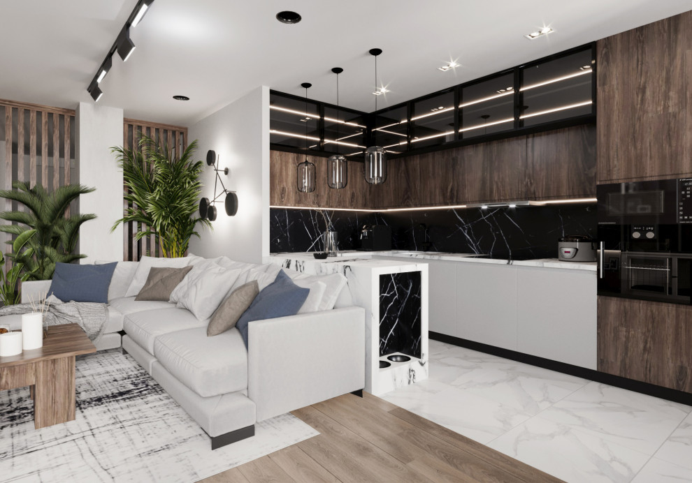 Гостиная и коридор в холодных деревянных тонах