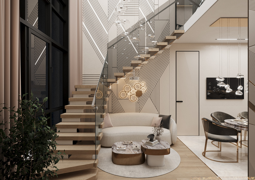 Дизайн кухни-гостиной в двухуровневой квартире в Москве