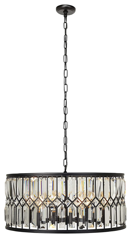 Modern Chandelier, Drum Shade With Glass Prims and Diamond Crystal Accents