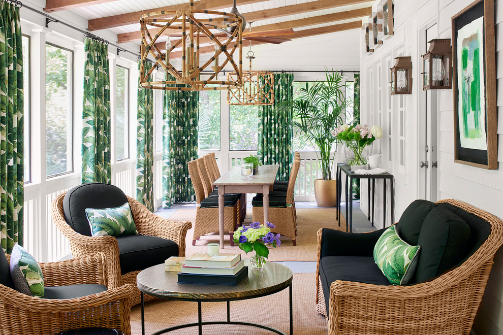 Inspiration for a tropical sunroom in Atlanta with a standard ceiling and grey floor.