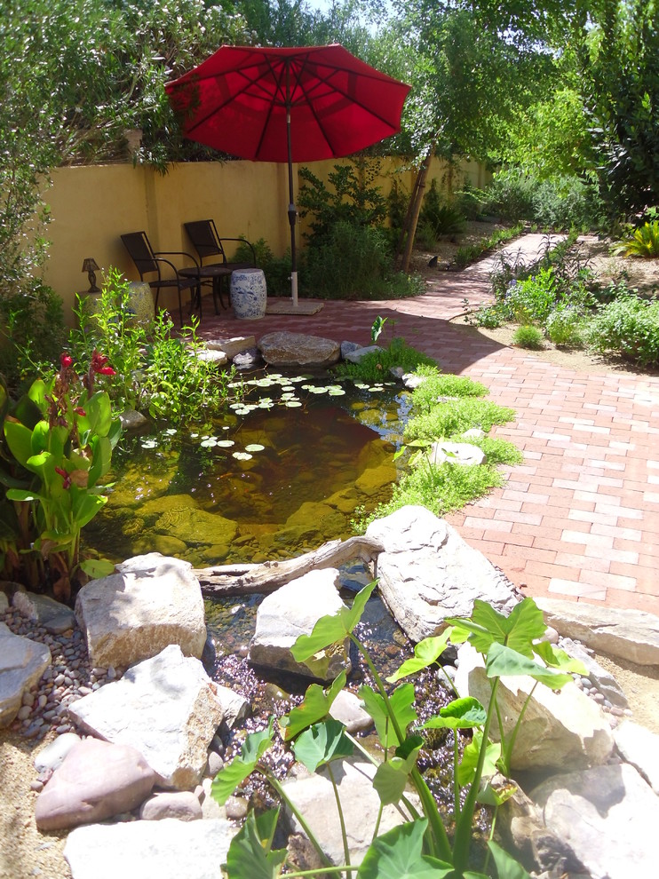 This is an example of a medium sized mediterranean back partial sun garden in Phoenix with a pond.