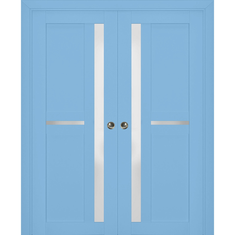 Sliding Pocket Doors 72 x 96, Veregio 7288 Aquamarine & Frosted Glass, Rail