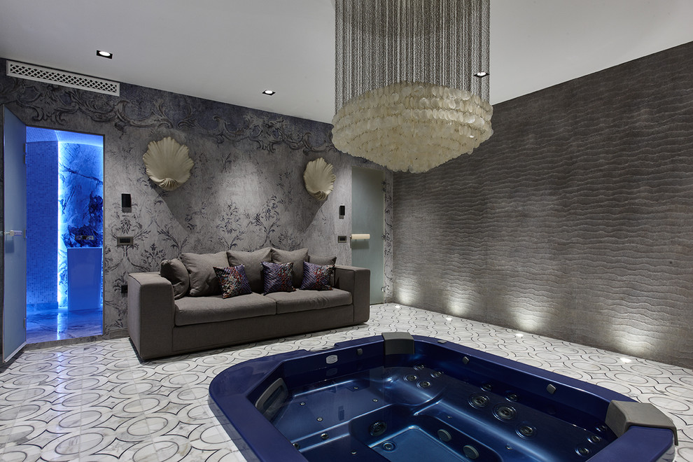 Design ideas for a contemporary indoor rectangular pool in Moscow with a hot tub.