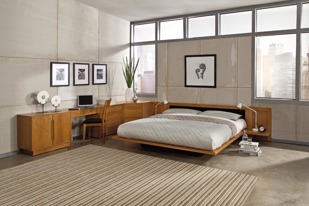 Large industrial guest bedroom in New York with grey walls, concrete floors, no fireplace and grey floor.