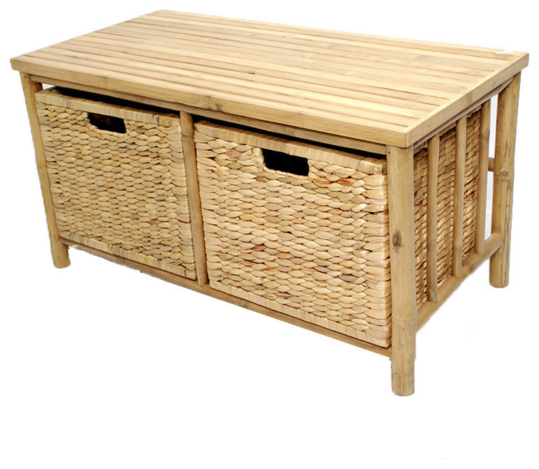 HomeRoots Furniture, Bamboo Storage Bench With 2 Hyacinth Baskets