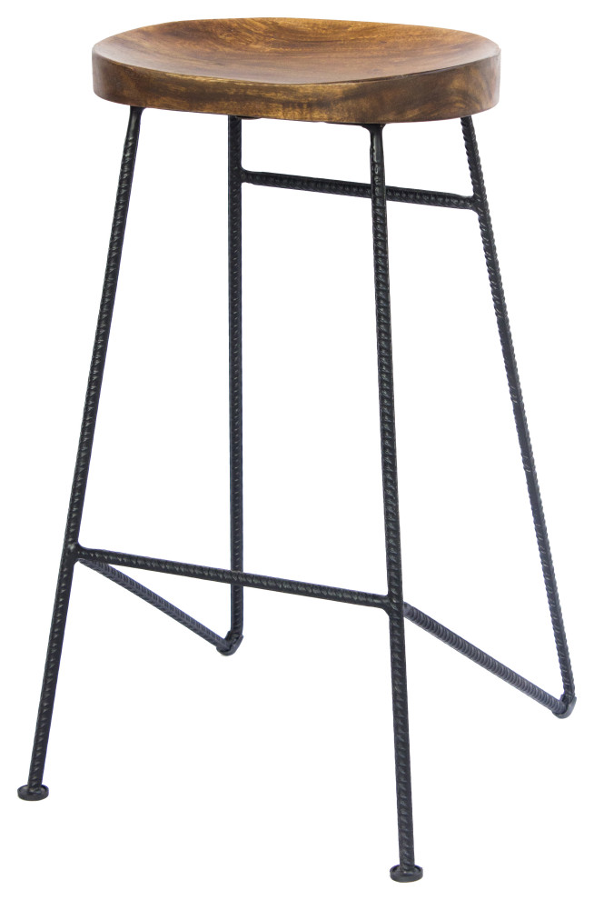 Mango Wood Saddle Seat Bar Stool With Iron Rod Legs, Brown and Black ...