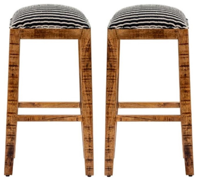 Home Square Wood Striped Barstool in Black and White Set of 2