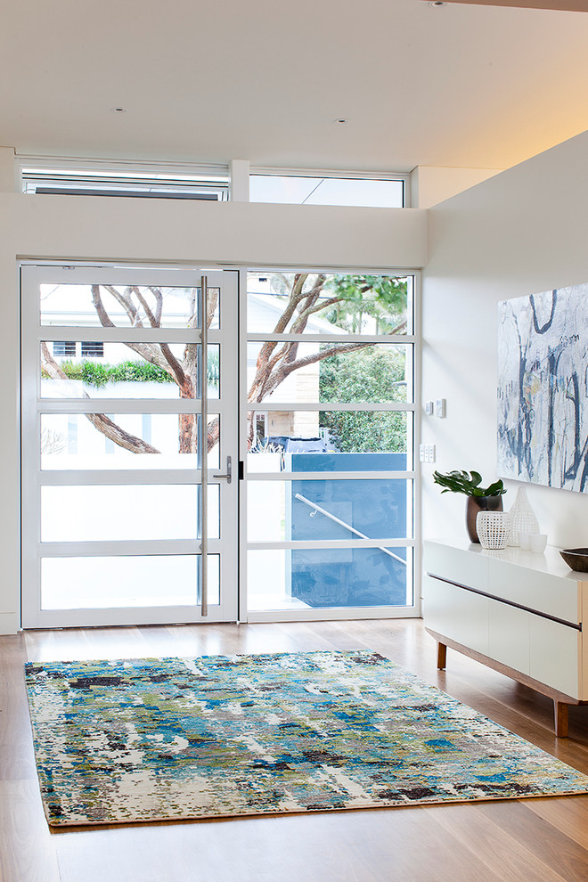 This is an example of a contemporary front door in Sydney with white walls, light hardwood floors, a single front door and a glass front door.