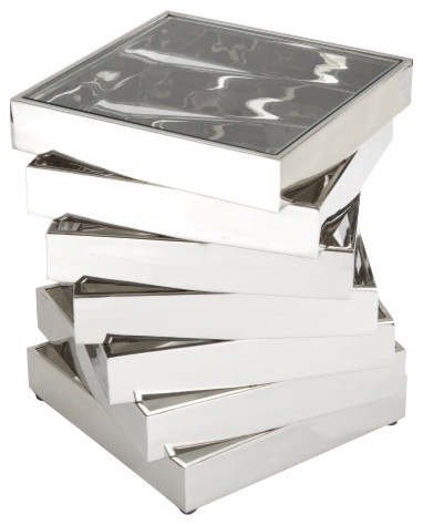 Luxe Stacked Squares Silver Accent Table, Vortex Abstract Twist Chrome