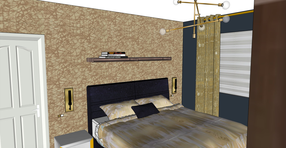 Пример оригинального дизайна: маленькая хозяйская спальня в современном стиле с синими стенами, синим полом и обоями на стенах для на участке и в саду