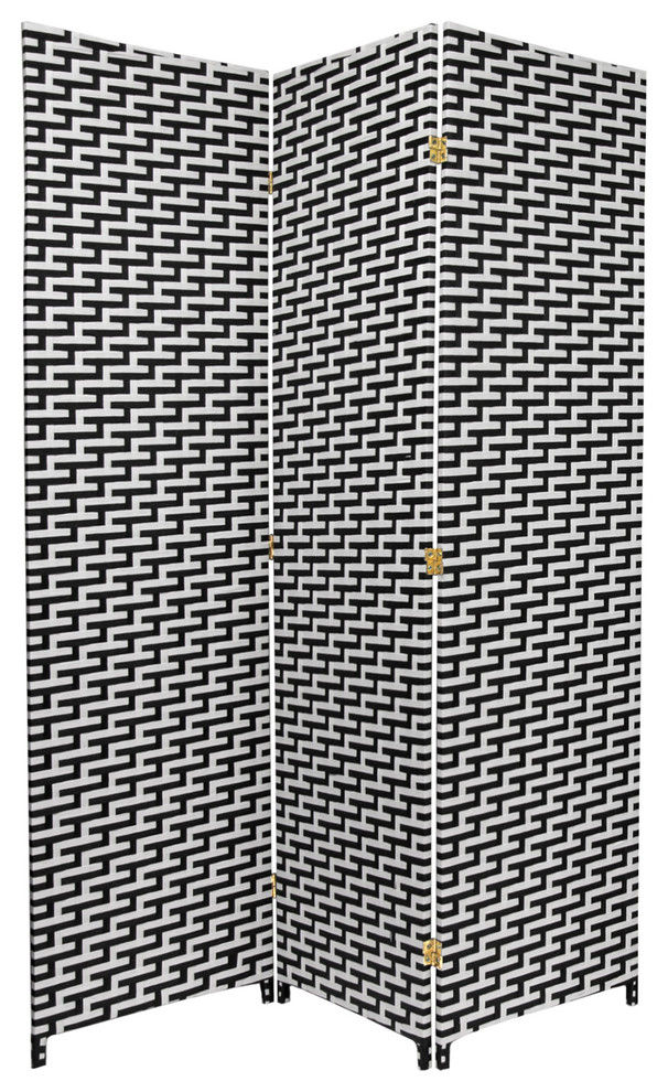 6' Tall Woven Fiber Room Divider, Black/White, 3 Panels Contemporary