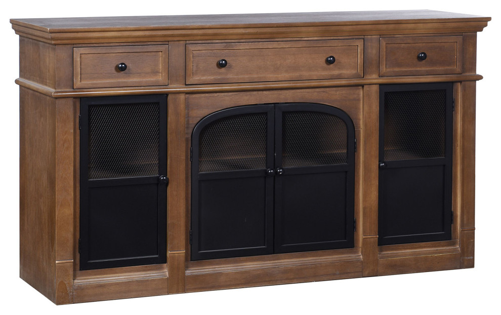 Henley Wood and Black Metal Credenza With 3 Drawers and 4 Glass Doors
