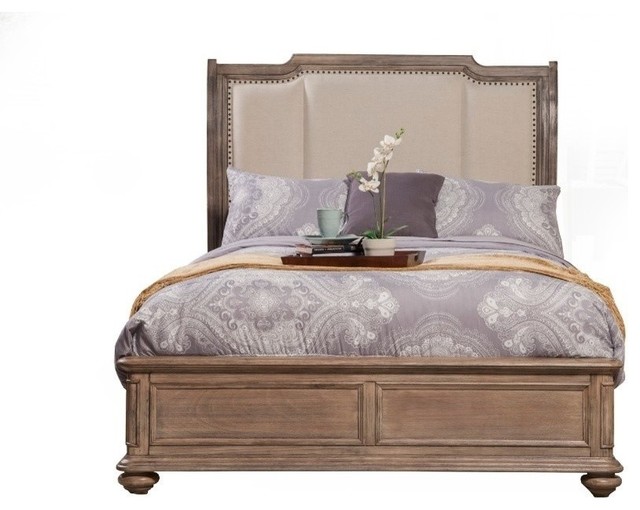 Wooden California King Size Upholstered Sleigh Bed Brown Traditional